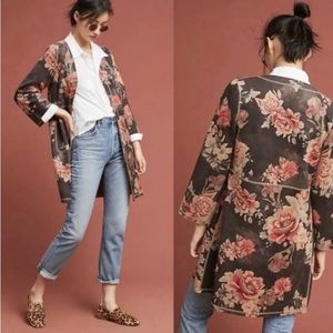 EUC Anthropologie Grey & Peach Floral Faux Suede Open Front Coat Duster